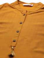 Thumbnail for Juniper Mustard Ethnic Motif Printed Rayon Straight Kurta With Buttons & Tassels - Distacart