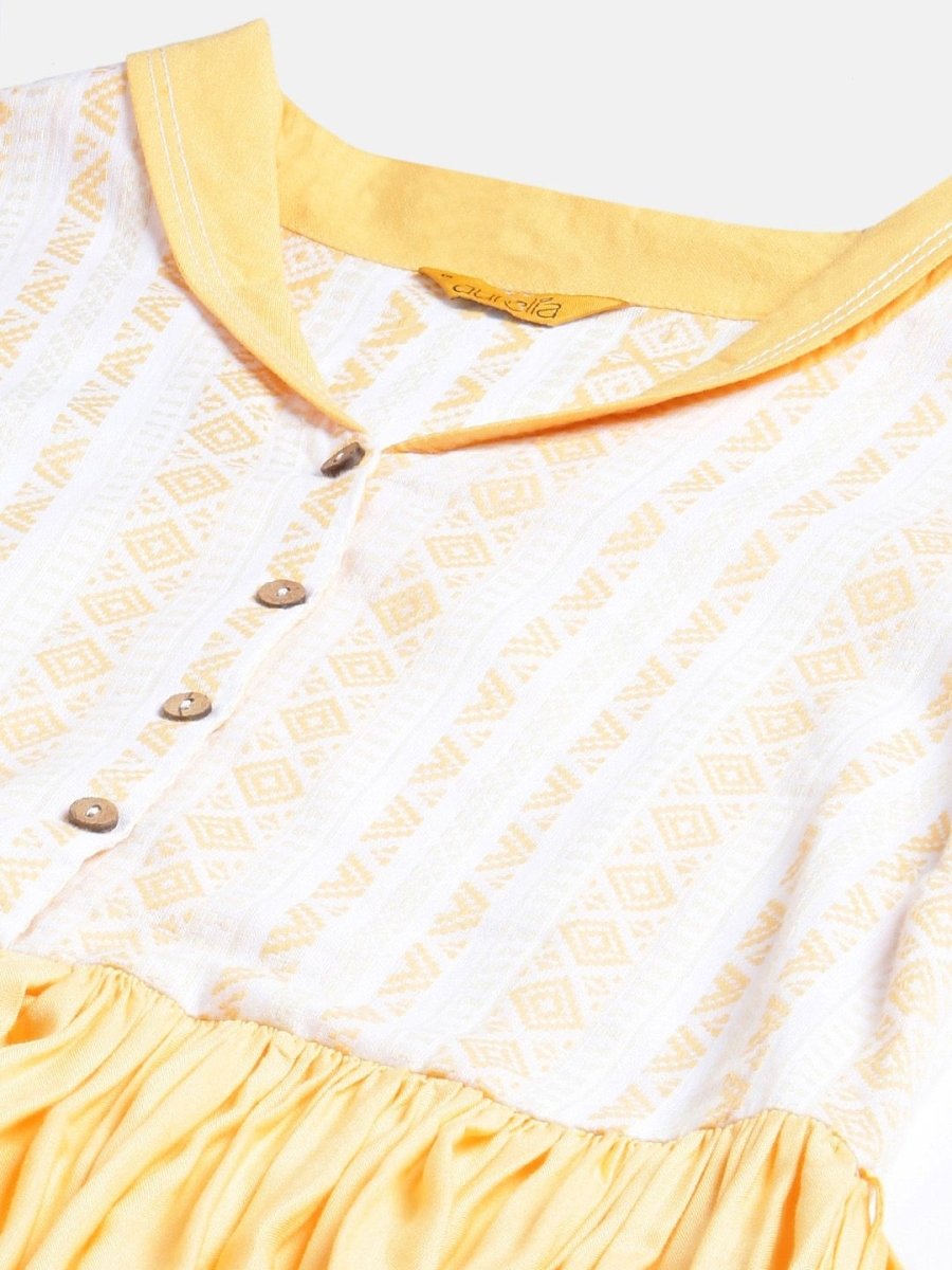 AURELIA Yellow & White Yoke Design Cotton Maxi Ethnic Dress - Distacart
