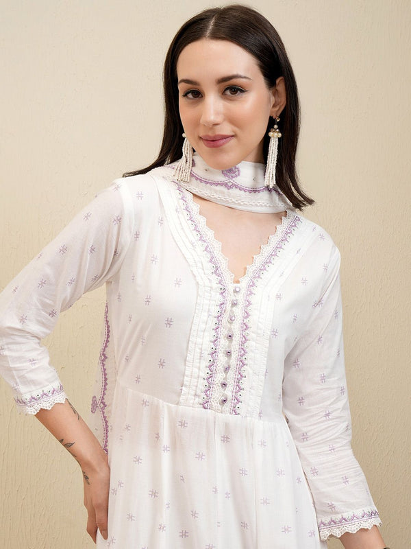 Vishudh White Embroidered Pure Cotton Anarkali Panelled Kurta With Trousers & Dupatta - Distacart