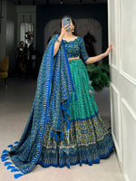 Thumbnail for Vastranavya Bandhej And Ajarakh Print Tussar Silk Lehenga Choli - Green - Distacart