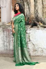 Thumbnail for Joban Fashion Green Pure Crepe Pure Handloom Banarasi Silk Saree