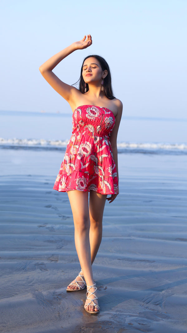 Noroke Linen Red Floral Mini Tiered Dress - Printed - Distacart