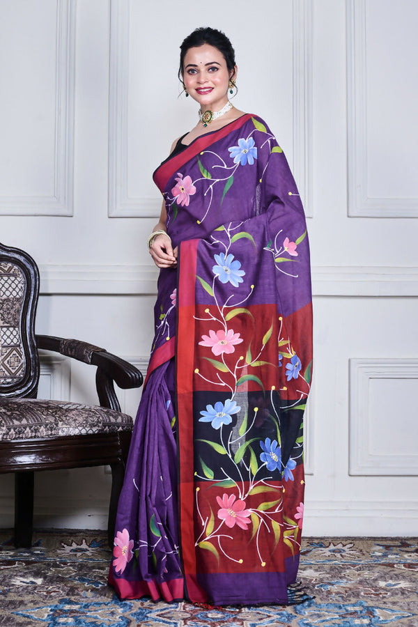 Morchari Multicolour Cotton Handloom Mirror Work Saree Unstitched Blouse