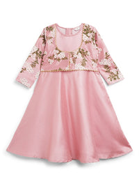 Thumbnail for Ahalyaa Girls Pink Poly Silk Solid Kids Kurta With Printed Jacket