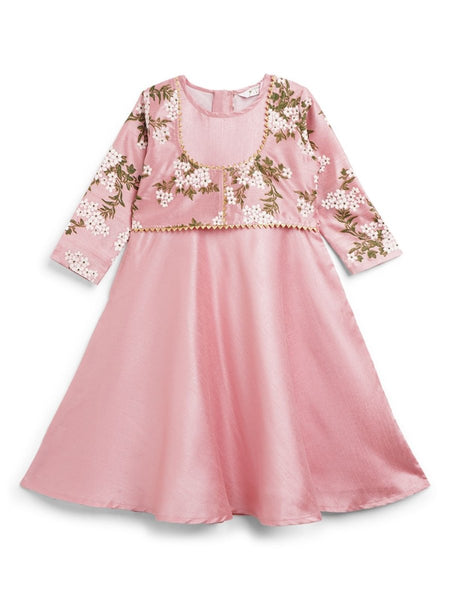 Ahalyaa Girls Pink Poly Silk Solid Kids Kurta With Printed Jacket