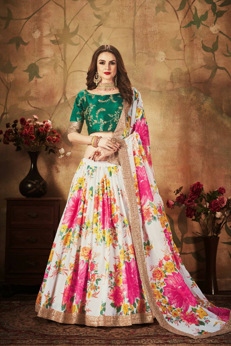 Aastha Fashion Women's Cream Floral Digital Printed Organza Bridal Lehenga Choli - Distacart