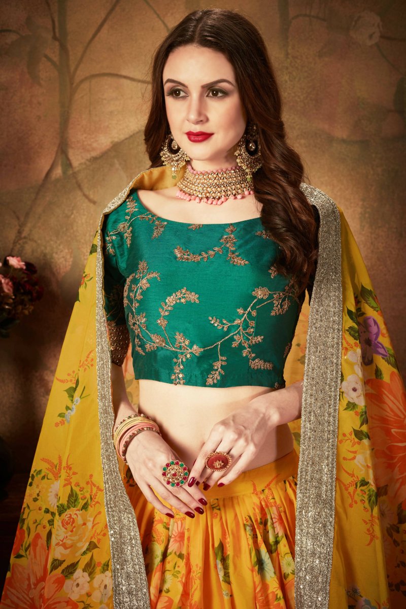 Aastha Fashion Women's Yellow-Green Floral Digital Printed Organza Bridal Lehenga Choli - Distacart