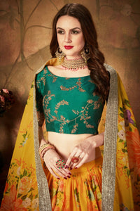 Thumbnail for Aastha Fashion Women's Yellow-Green Floral Digital Printed Organza Bridal Lehenga Choli - Distacart