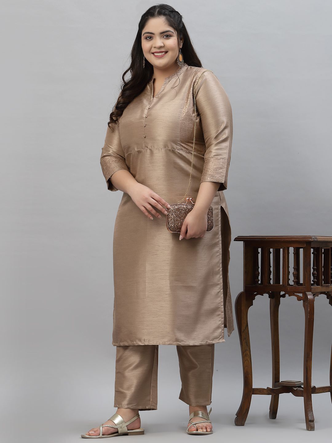 Sztori Plus Size Mandarin Collar Straight Kurta With Trousers - Distacart