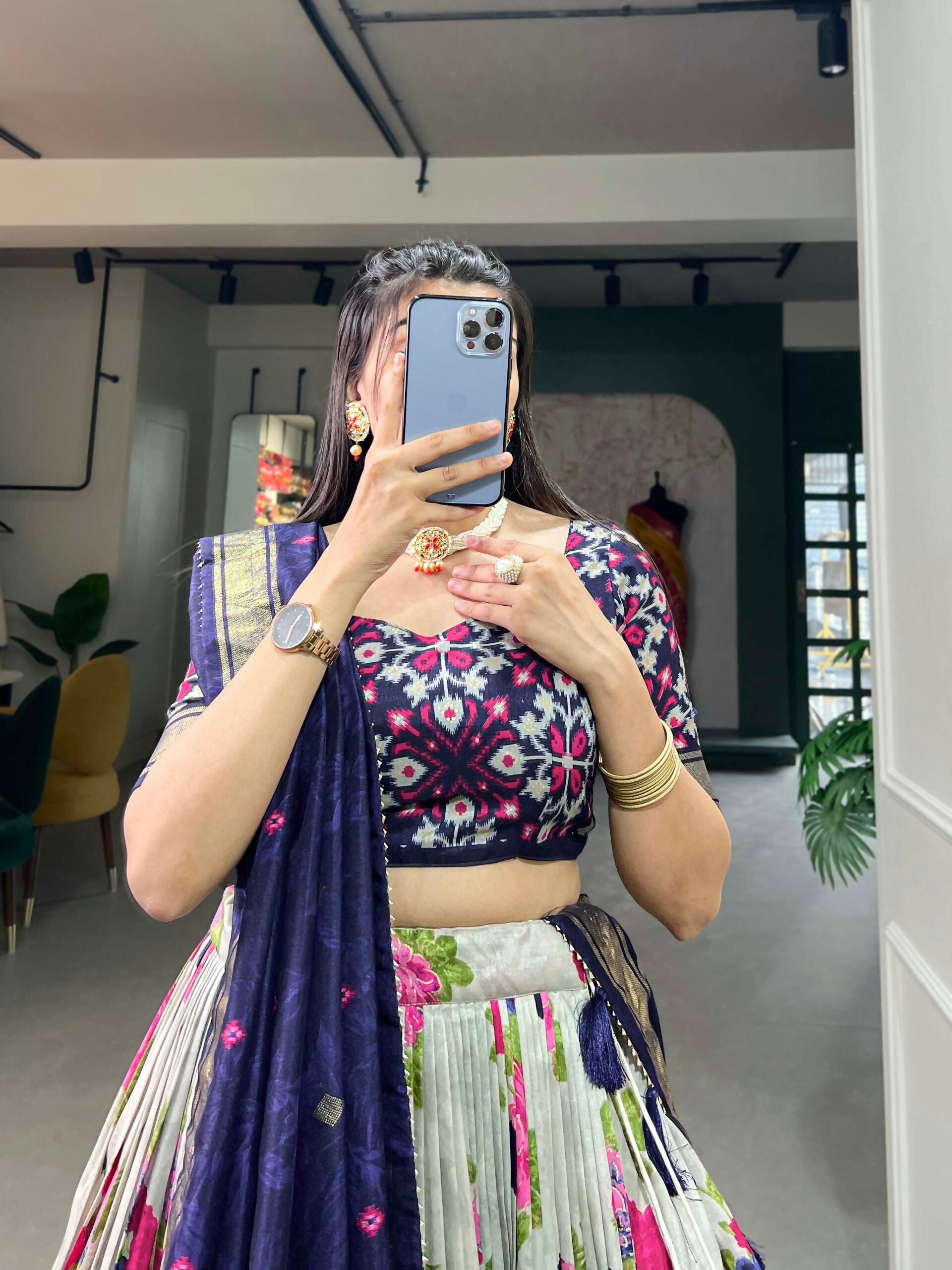 Vastranavya Floral And Patola Print With Foil Work Lehenga with Unstitched Blouse - Navy Blue - Distacart