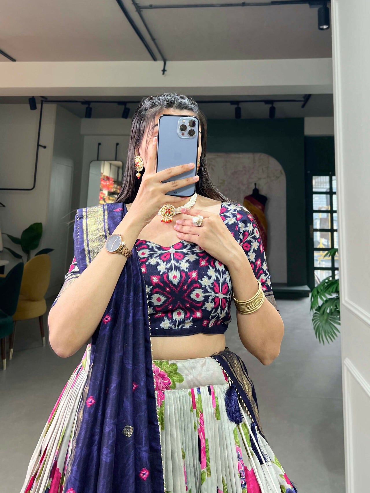 Vastranavya Floral And Patola Print With Foil Work Lehenga with Unstitched Blouse - Navy Blue