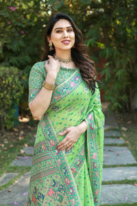 Thumbnail for Vastranavya Luxury and Beautiful Soft, Smooth, Flowing Original Pashmina Soft Cotton Saree with Matching Blouse Fabric - Pista