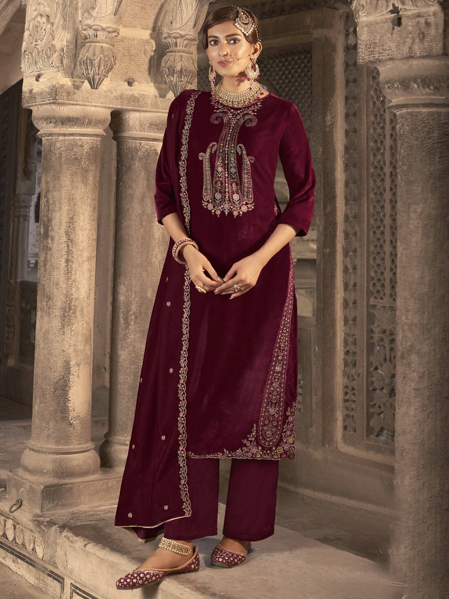 Aastha Fashion Women's Maroon Velvet Floral Resham Thread with Jari work Kurta with Trouser & Dupatta - Distacart