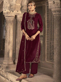 Thumbnail for Aastha Fashion Women's Maroon Velvet Floral Resham Thread with Jari work Kurta with Trouser & Dupatta - Distacart