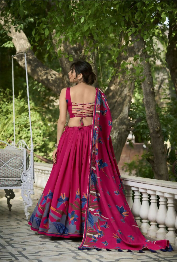 Vastranavya Polyester Viscose Chanderi Lehenga Choli With Intricate Print And Dupatta - Pink