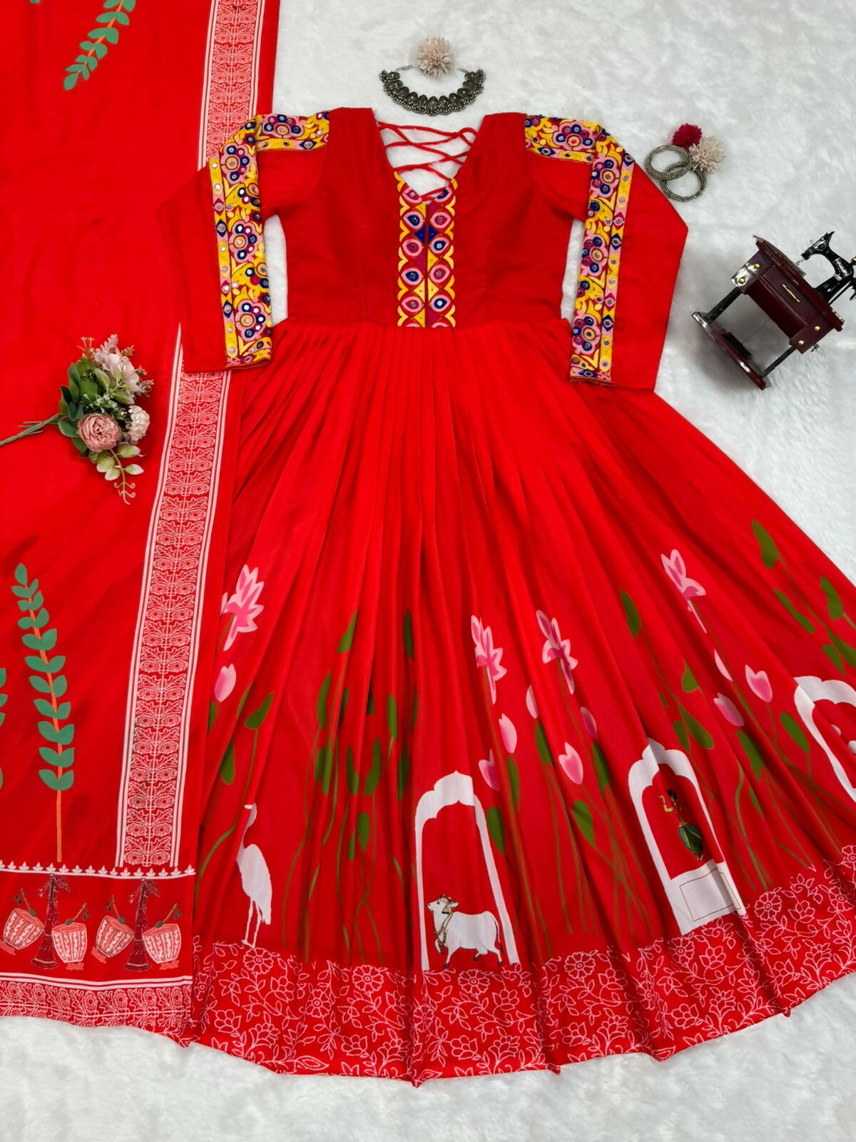Preksha Creation Navratri Special Women Gown Digital Print With Real Mirror Work With Dupatta - Red