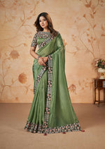 Thumbnail for Green Banarasi Crush Silk Thread, Sequence, Cord Embroidered with Stone & Mirror Work Saree - Mohmanthan Dakshika - Distacart