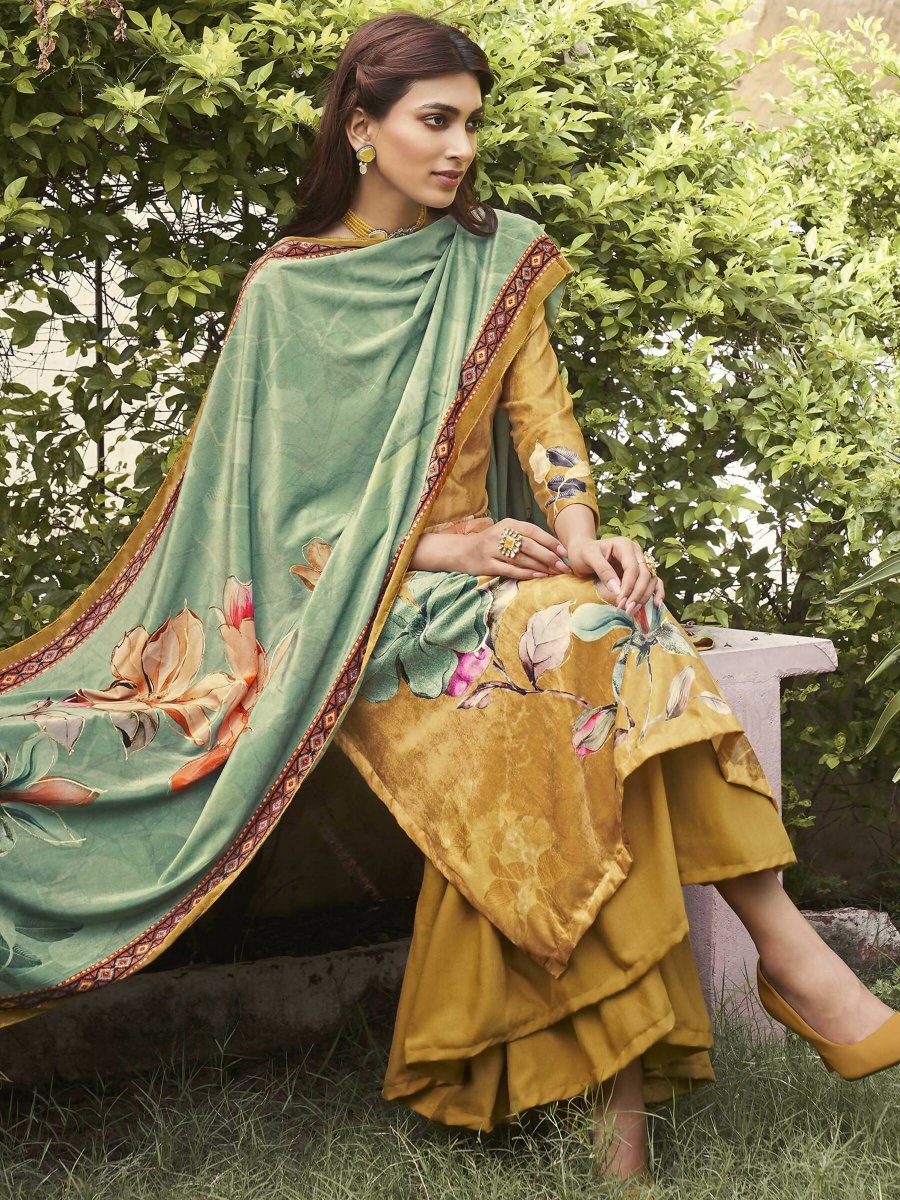 Aastha Fashion Women's Mustard Velvet Floral Digital Printed Kurta with Trouser & Dupatta - Distacart