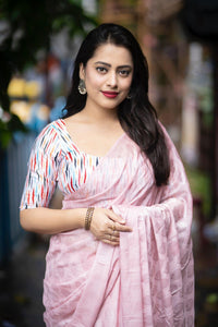 Thumbnail for Pink Poly Crepe Ethnic Motifs Saree with Unstitched Blouse - A2M