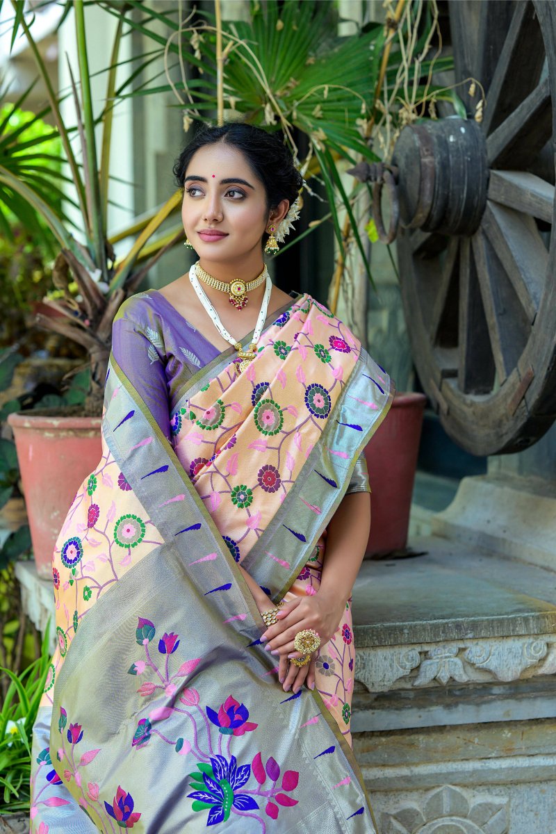 Aastha Fashion Peach Woven Kanjivaram Silk Saree with Blouse - Distacart