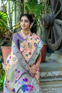 Thumbnail for Aastha Fashion Peach Woven Kanjivaram Silk Saree with Blouse - Distacart