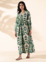 Thumbnail for trueBrowns Green Cotton Ikat Flared Dress - Distacart