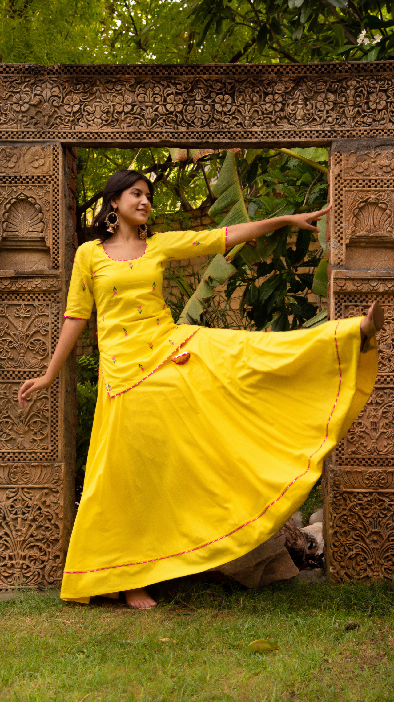 Pomcha Jaipur Gaurangi Ira Yellow Embroidery Lehenga Set