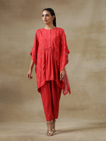 Thumbnail for trueBrowns Red Bandhani Printed Silk Kaftan Gathered Co-Ord Set - Distacart