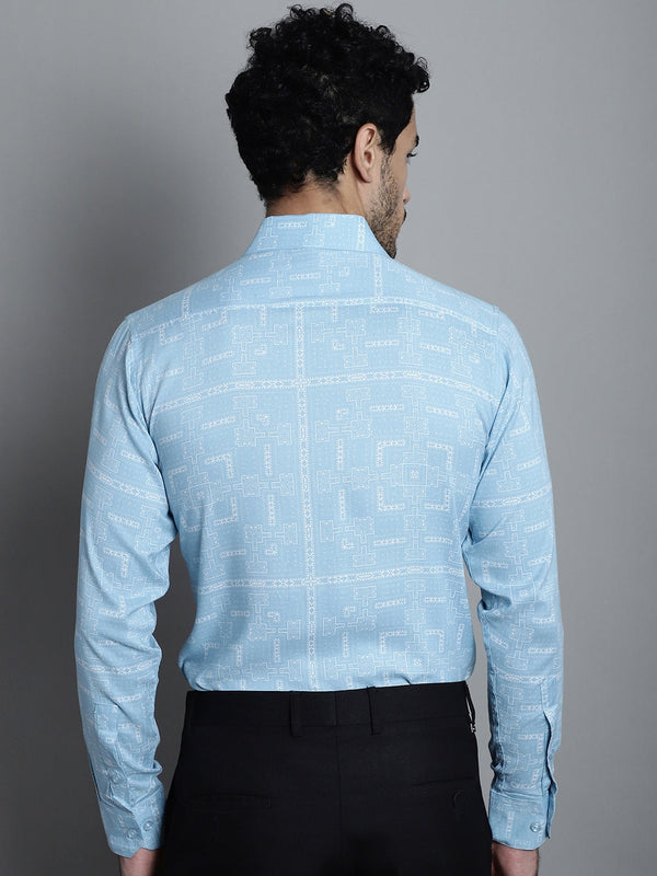 Jainish Men's Geomatric Printed Formal Shirts - Sky Blue - Distacart