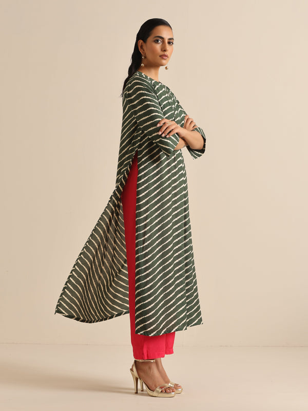 trueBrowns Dark Green Lehariya Printed Silk Kurta Pant Set - Distacart