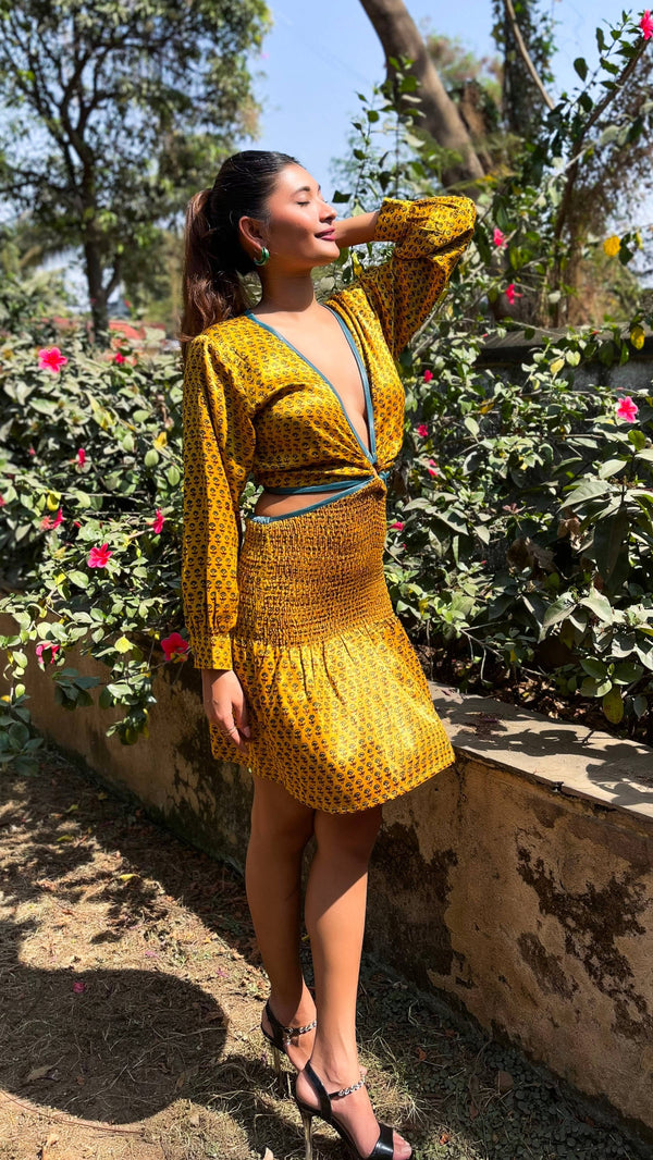 Noroke Yellow silk cut out short dress - Distacart