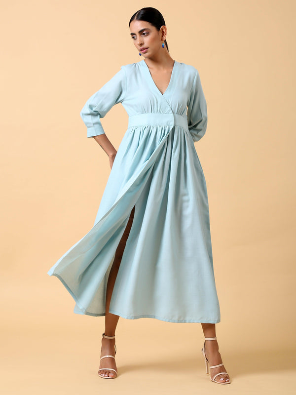 trueBrowns Cotton Linen Light Blue Wrap Dress - Distacart
