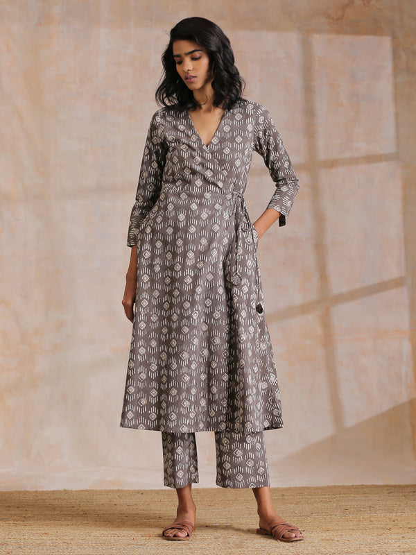 trueBrowns Clay Dabu Geometric Print Cotton Angrakha Kurta Pant Set - Distacart