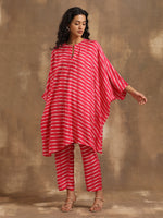 Thumbnail for trueBrowns Pink Lehariya Printed Silk Kaftan Co-Ord Set - Distacart