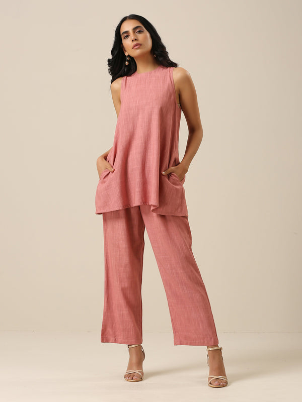 trueBrowns Light Mauve Slub Textured Sleeveless Short Co-Ord Set - Distacart