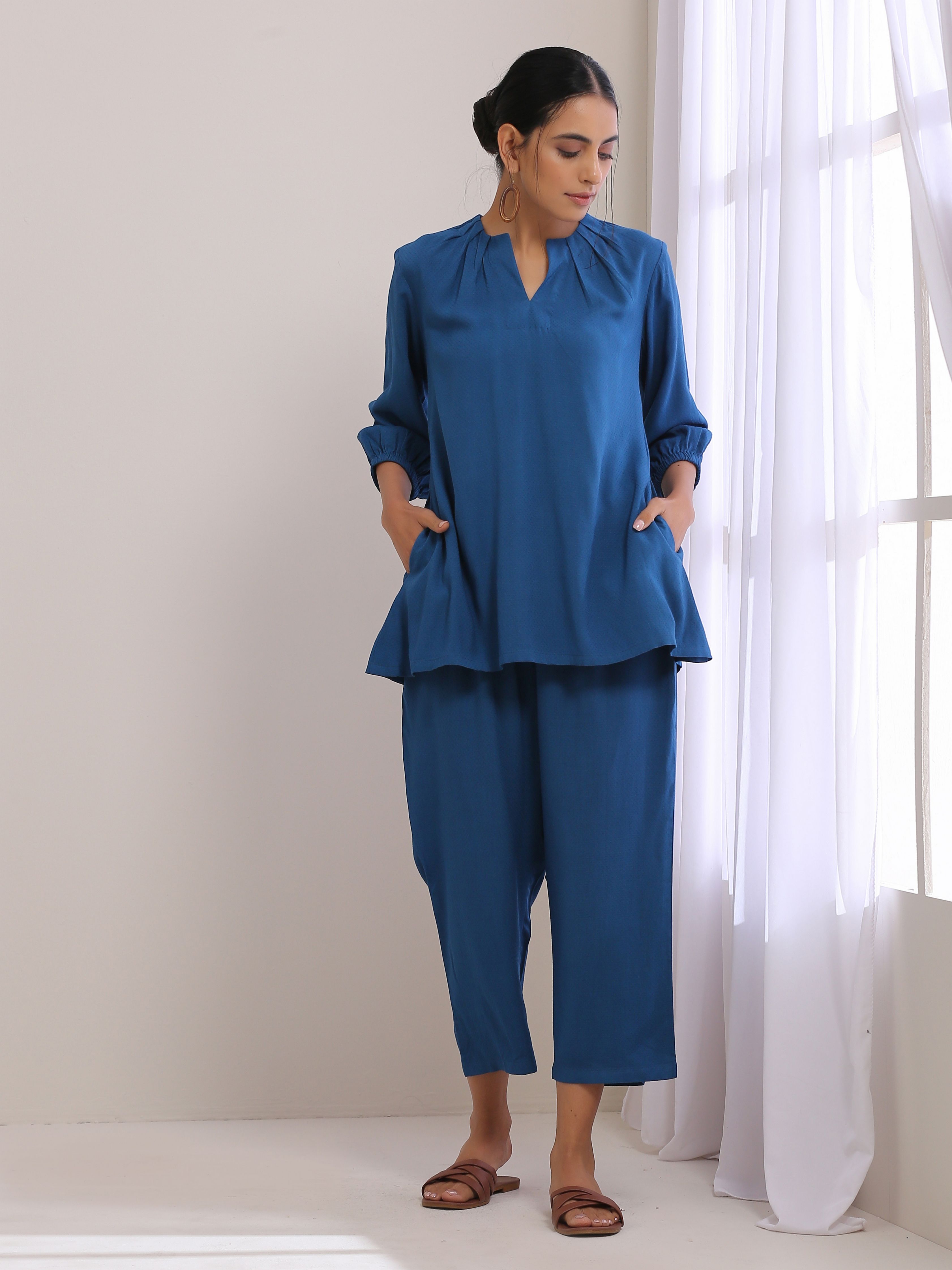 trueBrowns Classic Blue Dobby Pleated Co-Ord Set - Distacart