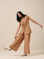 Thumbnail for trueBrowns Beige Slub Texture Sleevesless Jacket Pant Set - Distacart