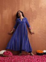Thumbnail for trueBrowns Blue Stripe Flared Anarkali Kurta Set - Distacart