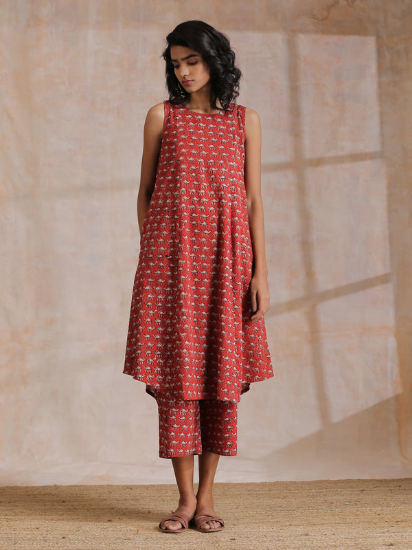 trueBrowns Rust Red Bagru Camel Print Cotton High-Low Co-Ord Set - Distacart