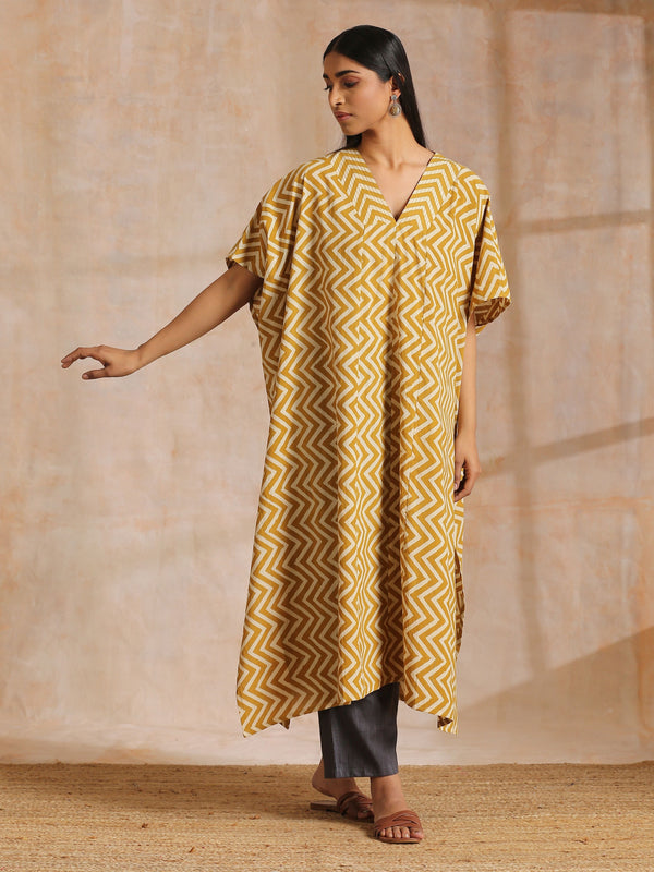 trueBrowns Mustard Dabu Zig-Zag Lines Print Cotton Panel Kaftan Kurta Pant Set - Distacart
