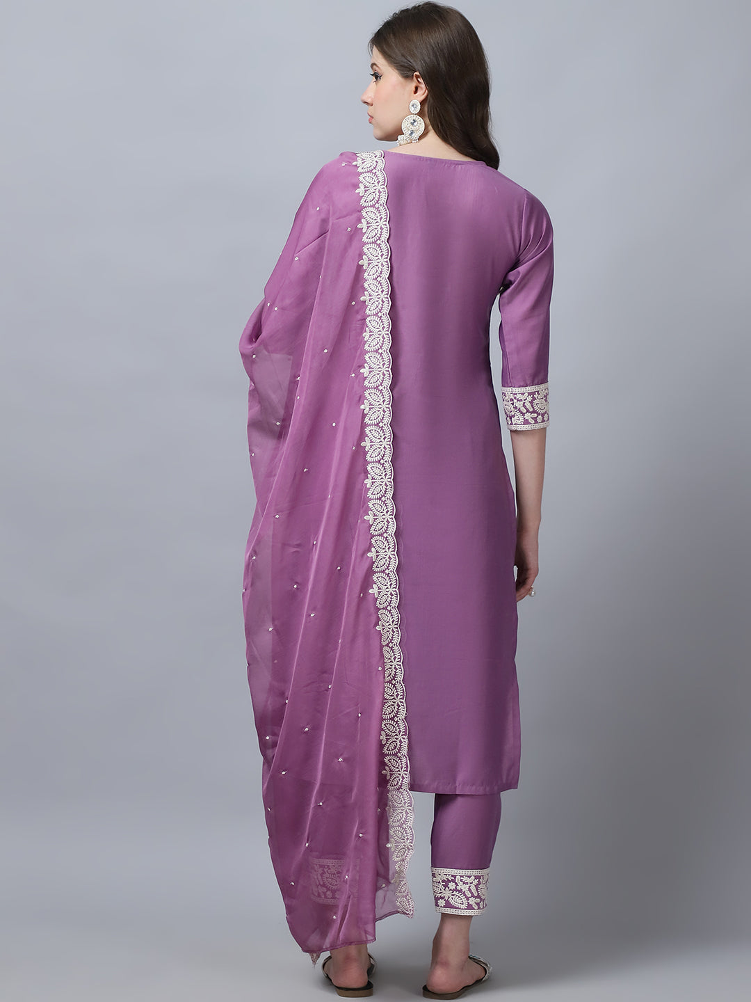 Indian Fashion Women Pink Embroidery silk Kurta, Pant And Dupatta Set