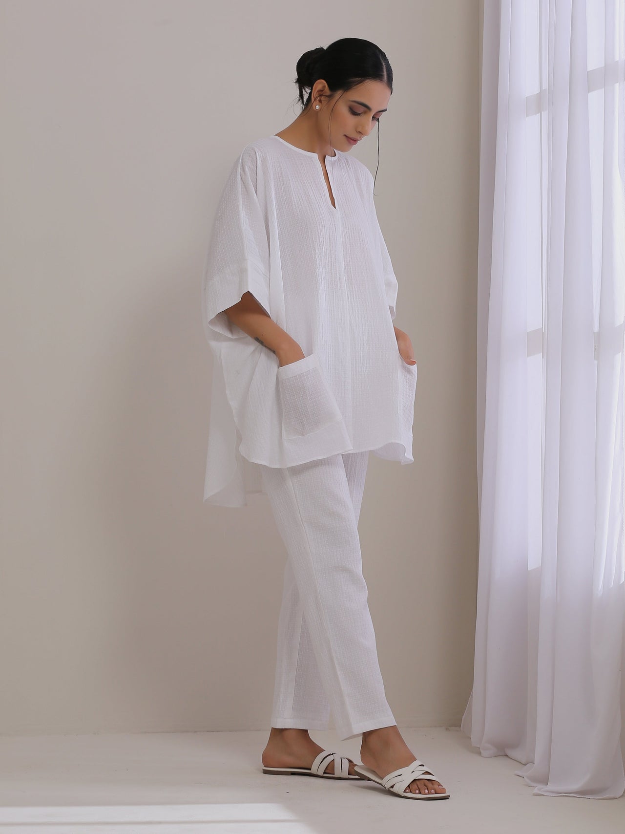 trueBrowns White Dobby Boxy Fit High Low Co-Ord Set - Distacart