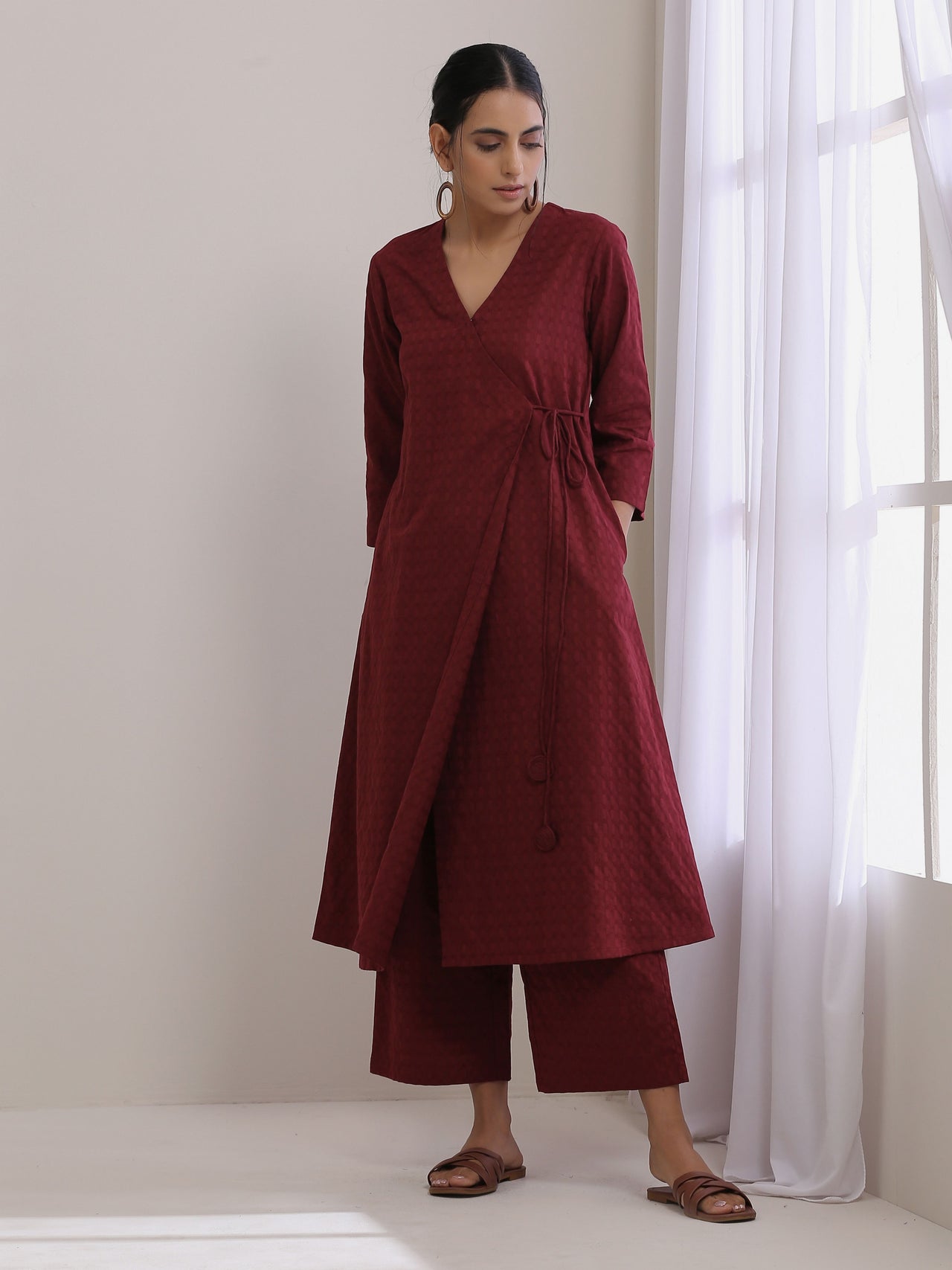 trueBrowns Ruby Wine Dobby Angrakha Pant Set - Distacart