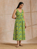 Thumbnail for trueBrowns Lime Green Overall Teal Floral Block Print Cotton Sleeveless Wrap Dress - Distacart