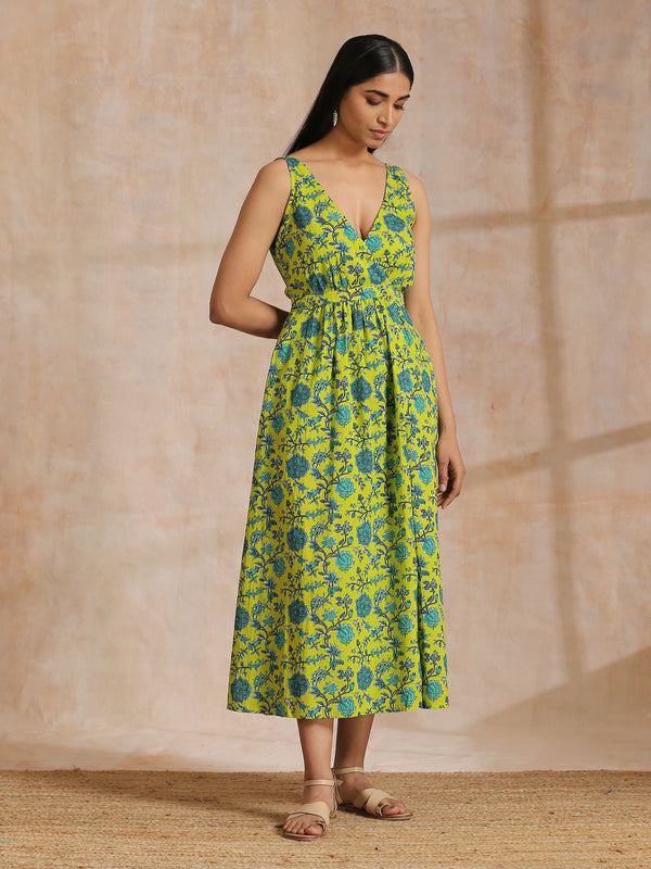 trueBrowns Lime Green Overall Teal Floral Block Print Cotton Sleeveless Wrap Dress - Distacart