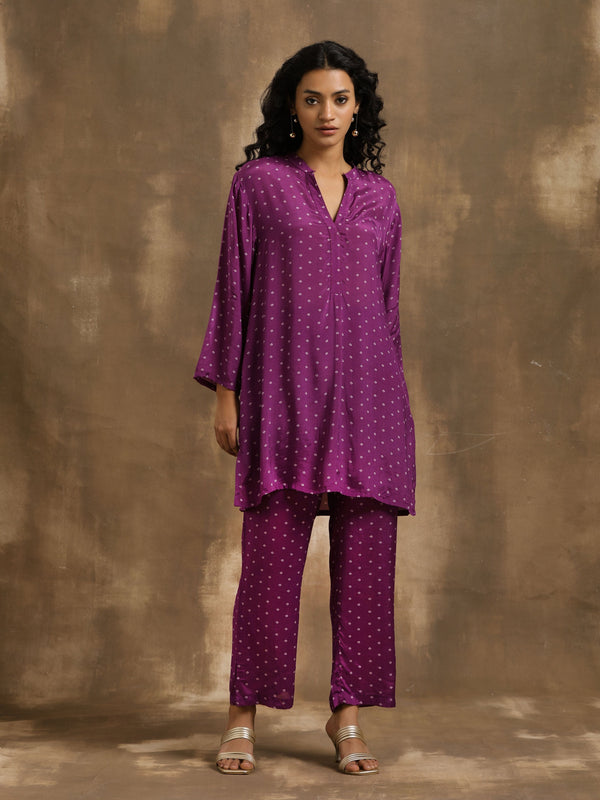trueBrowns Purple Bandhani Printed Silk Co-Ord Set - Distacart