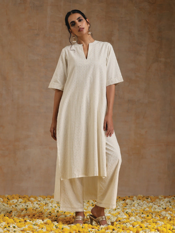 trueBrowns Ivory Gold Cotton Relaxed High-Low Kurta Set - Distacart