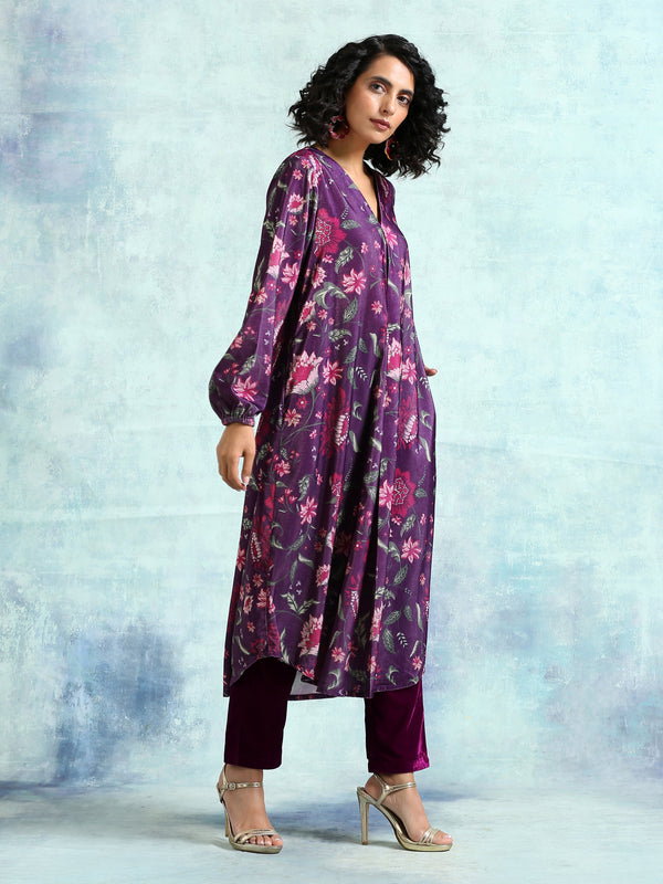 trueBrowns Wine Printed Velvet Neck Pleat Kurta - Distacart