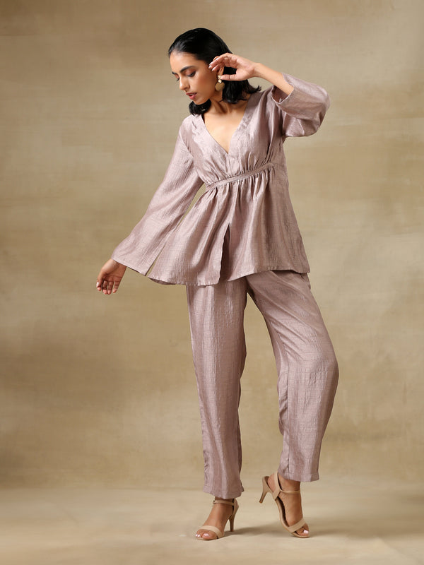 trueBrowns Grey Textured Silk Deep V-Neck Co-Ord Set - Distacart