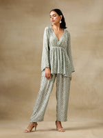 Thumbnail for trueBrowns Light Green Bandhani Printed Silk V-Neck Co-Ord Set - Distacart